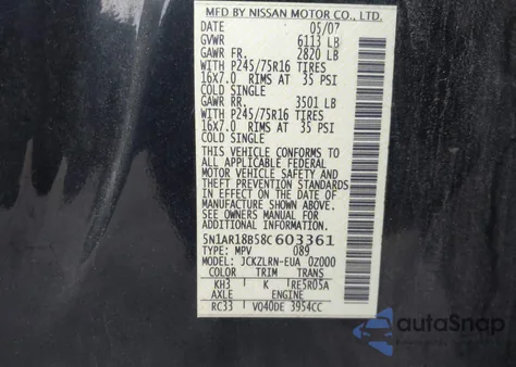 2008 Nissan Pathfinder S z USA, uszkodzony, nr VIN 5N1AR18B58C603361